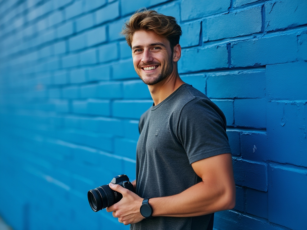 Sports freelancer holding a camera in front of a blue wall