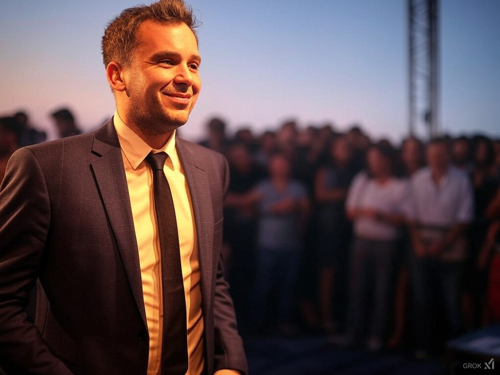 A man in a suit during a music festival